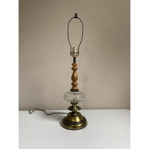 Vintage Leviton Table Lamp Brass Wood Diamond Quilt Glass‎ 29" Tall MId Century